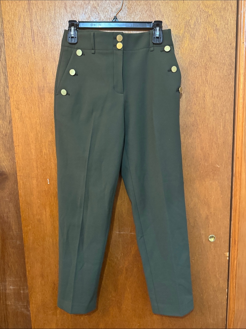 Club Monaco Olive Green High-Waist Tapered Pants with Gold Buttons